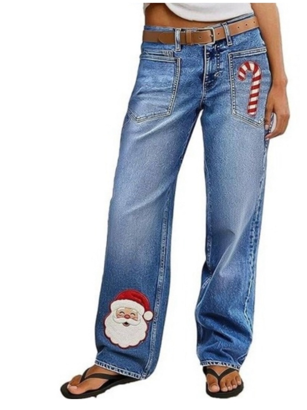 Flamingals Christmas Santa Pattern Embroidered Patch Pocket Jeans